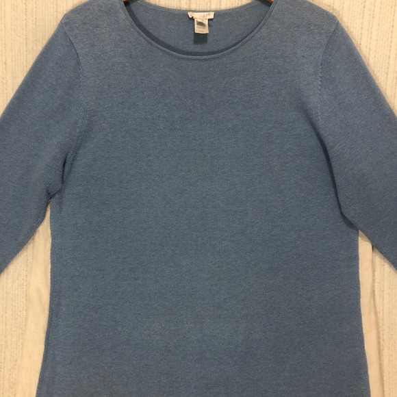 J. Jill Sweaters - J. Jill Blue Knit 3/4 Sleeve Sweater White Linen Layered Hem Top Large